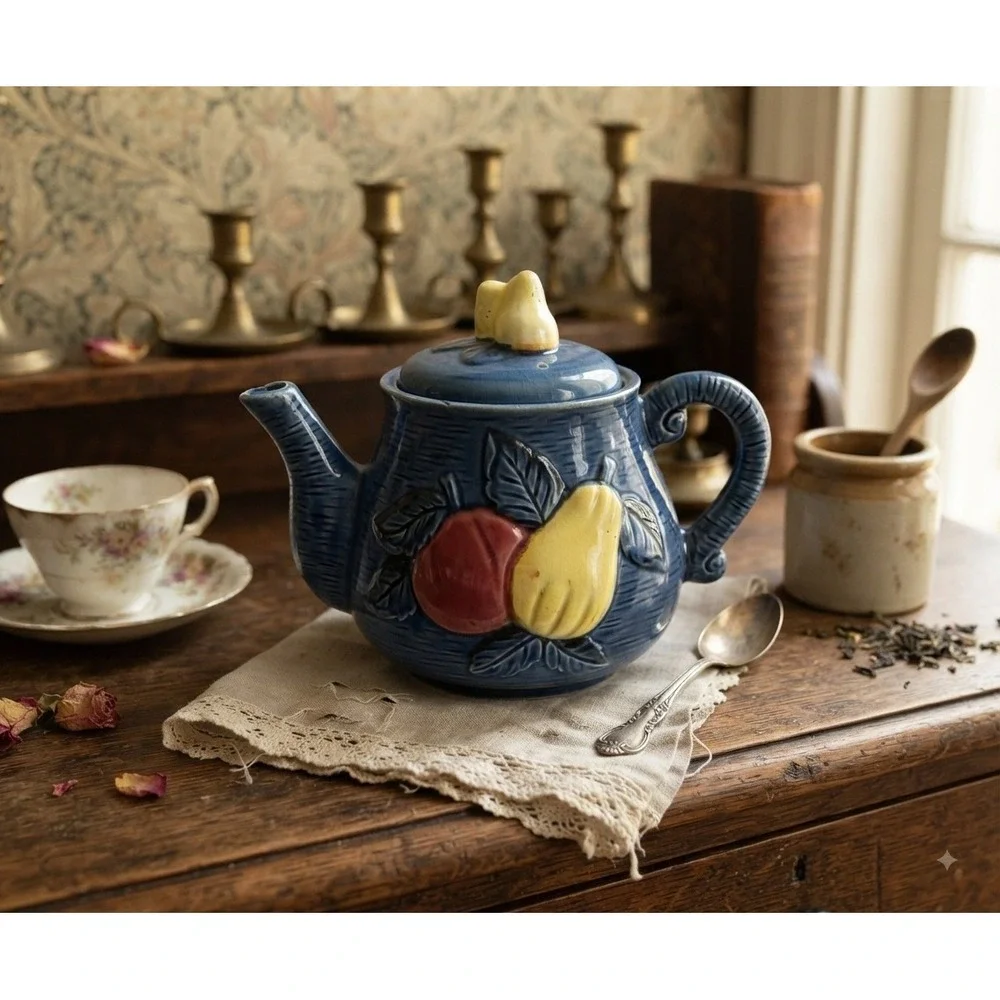 Vintage Cobalt Blue Ceramic Teapot Fruit Relief Apple Pear Made in Japan 7x8